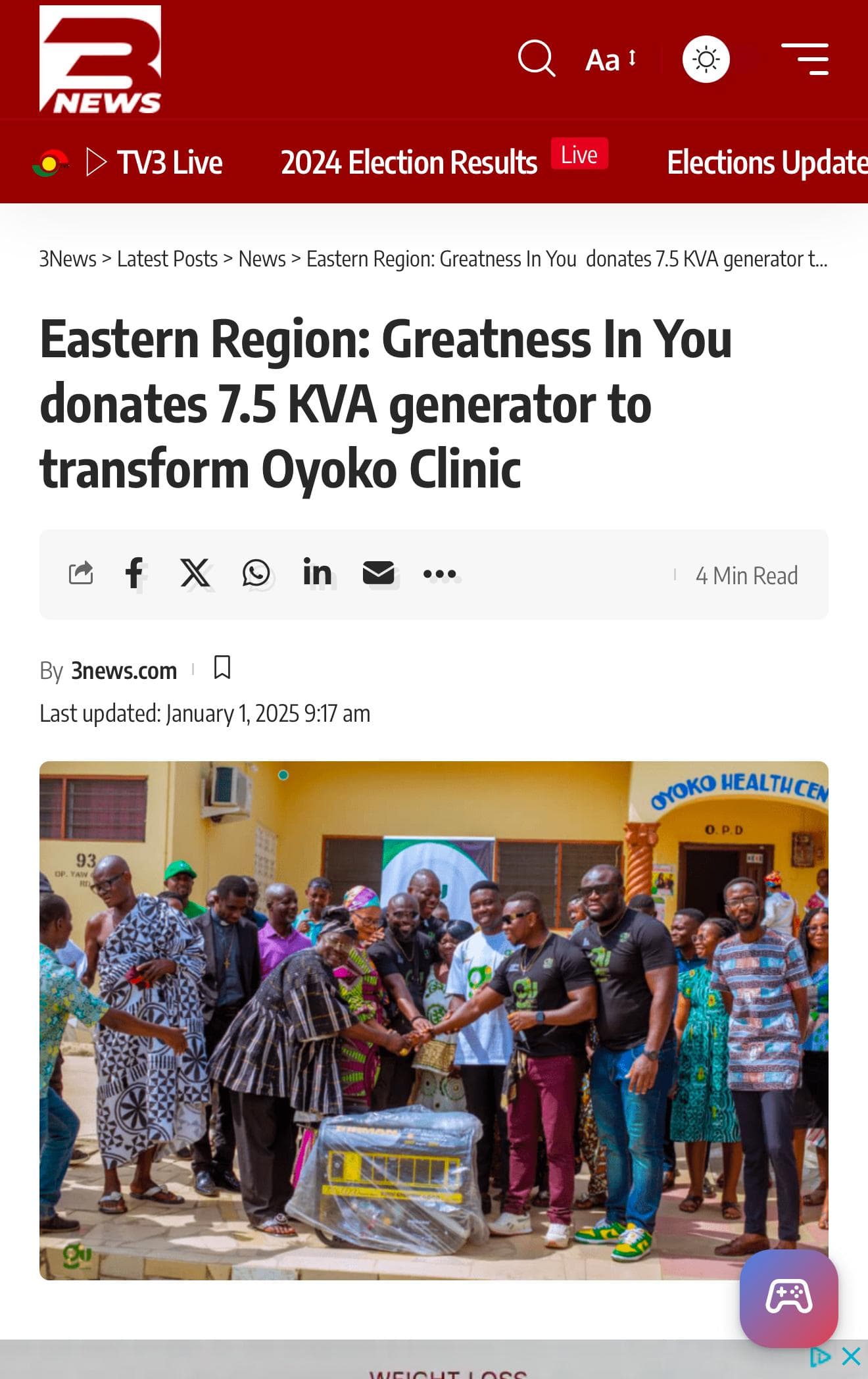3News Ghana article: Eastern Region: Greatness In You donates 7.5 KVA generator to transform Oyoko Clinic