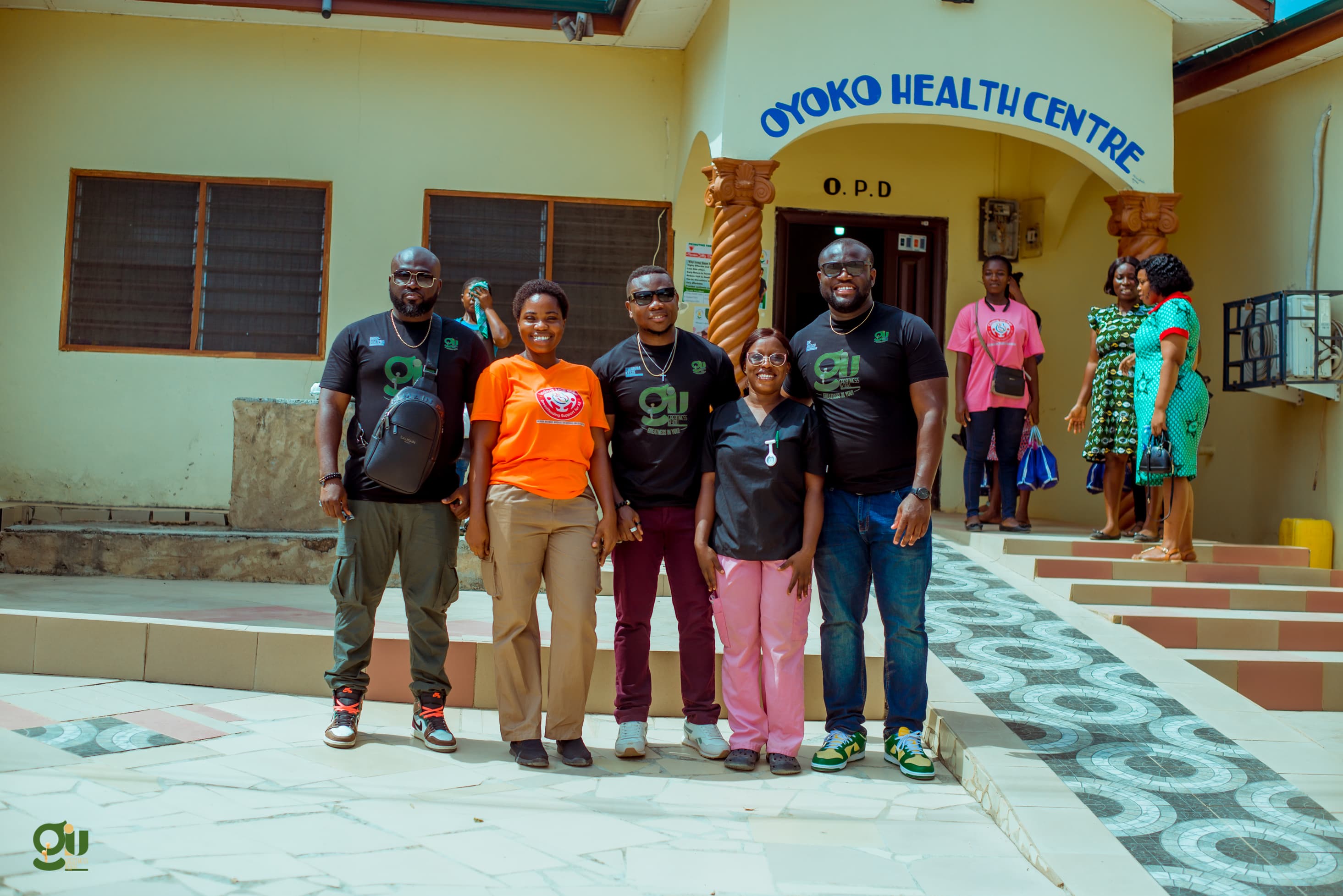 GIU founding team standing in front of Oyoko Health Centre after donating a 7.5 KVA generator